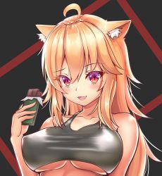 1girl :d absurdres ahoge animal_ear_fluff animal_ears bare_shoulders blonde_hair blush borrowed_character breasts candy cat_ears chocolate chocolate_bar collarbone commentary covered_erect_nipples crop_top eyes_visible_through_hair fang food hair_between_eyes highres holding holding_food kaptivate large_breasts long_hair looking_at_viewer open_mouth original red_eyes slit_pupils smile solo tank_top tiffy_(nottytiffy) underboob upper_body rating:Sensitive score:31 user:danbooru