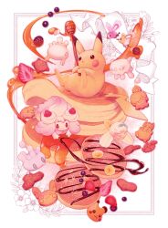  alcremie alcremie_(strawberry_sweet) alolan_form alolan_raichu banana banana_slice blackberry_(fruit) character_cookie character_food combee creatures_(company) cutiefly cyndaquil food fruit furfrou game_freak gen_1_pokemon gen_2_pokemon gen_3_pokemon gen_4_pokemon gen_5_pokemon gen_6_pokemon gen_7_pokemon gen_8_pokemon holding honey honey_dipper litwick luvdisc milcery minior n:go nintendo no_humans oversized_food oversized_object pancake pikachu pokemon pokemon_(creature) ribbon slurpuff strawberry strawberry_slice syrup wigglytuff 