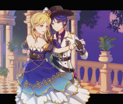  2girls belt black_gloves blonde_hair brown_hat closed_mouth collared_shirt commentary_request crown dancing dress drill_hair earrings epaulettes gloves hand_on_another&#039;s_waist hat highres jacket jewelry letterboxed long_sleeves looking_at_another love_live! love_live!_school_idol_festival_all_stars love_live!_sunshine!! matsuura_kanan mini_crown multiple_girls necktie night nyasa off-shoulder_dress off_shoulder ohara_mari outdoors parted_lips plant potted_plant purple_dress purple_eyes purple_hair purple_shirt railing shirt smile striped_necktie white_gloves white_jacket white_necktie yellow_eyes yuri 