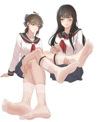  2girls bad_id bad_pixiv_id black_hair blue_bow bow breasts brown_eyes brown_hair closed_mouth cropped_legs crossed_legs feet foot_focus foreshortening ghhoward hair_bow legs long_hair long_sleeves looking_at_another medium_breasts multiple_girls neckerchief no_shoes one_eye_closed original pleated_skirt ponytail red_neckerchief sailor_collar school_uniform see-through_socks serafuku simple_background sitting skirt smile socks soles toes white_background white_socks 