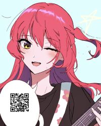  1girl black_shirt bloom_into_me15 blue_background blush bocchi_the_rock! guitar highres holding holding_guitar holding_instrument instrument kessoku_band_t-shirt kita_ikuyo long_hair looking_at_viewer one_eye_closed one_side_up open_mouth qr_code red_hair shirt short_sleeves shoulder_strap smile solo speech_bubble spoken_symbol star_(symbol) sweat upper_body yellow_eyes 