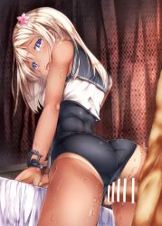 10s 1boy 1girl ass bad_id bad_twitter_id bar_censor bed blonde_hair blush censored clothing_aside crop_top flower from_behind hair_between_eyes hair_flower hair_ornament hetero kantai_collection long_hair looking_at_viewer looking_back one-piece_swimsuit open_mouth penis purple_eyes pussy pussy_juice ro-500_(kancolle) sailor_collar school_swimsuit sex solo_focus sugiyuu sweat swimsuit swimsuit_aside swimsuit_under_clothes tan tanline tears vaginal rating:Explicit score:82 user:danbooru