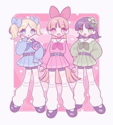  3girls absurdres black_footwear black_hair blonde_hair blossom_(ppg) blue_dress border bow bubbles_(ppg) buttercup_(ppg) commentary_request dress full_body green_dress hair_bow highres leg_warmers long_hair looking_at_viewer multiple_girls nicogoly open_mouth pink_background pink_dress powerpuff_girls short_twintails stuffed_animal stuffed_toy tongue tongue_out twintails white_border  rating:General score:4 user:danbooru