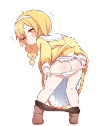  1girl ass blonde_hair blush brown_footwear butt_crack clothes_lift clothes_pull commentary done_(donezumi) dress dress_lift flying_sweatdrops from_behind full_body hairband highres leaning_forward loli long_hair long_sleeves looking_at_viewer looking_back orange_eyes original panties panty_pull pantyhose pantyhose_pull pulled_by_self shoes simple_background solo sweatdrop tail tareme underwear undressing white_background white_hairband white_panties yellow_dress 
