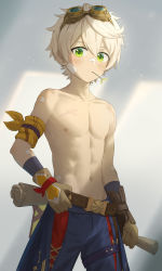  1boy absurdres bad_id bad_pixiv_id bandaid bandaid_on_face bandaid_on_nose belt bennett_(genshin_impact) blonde_hair commentary_request genshin_impact gloves goggles goggles_on_head green_eyes hair_between_eyes highres holding holding_belt looking_at_viewer luye_yuan male_focus scar simple_background sleeveless topless_male  rating:Sensitive score:113 user:danbooru