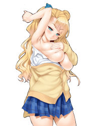 10s 1girl arm_up armpits asymmetrical_hair bad_id bad_pixiv_id blue_ribbon blush breasts breasts_out cardigan cle_masahiro covering_privates covering_breasts deep_skin galko green_eyes gyaru hair_bun hair_ornament hair_ribbon kogal large_breasts long_hair no_bra one_side_up open_clothes oshiete!_galko-chan ribbon scrunchie side_bun single_side_bun skirt solo twintails rating:Questionable score:102 user:danbooru