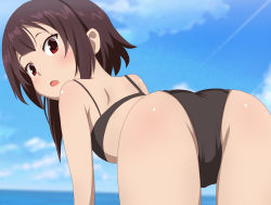 10s 1girl absurdres all_fours ass back bad_id bad_pixiv_id bare_shoulders bent_over bikini black_bikini blush brown_hair cloud day flat_chest highres kono_subarashii_sekai_ni_shukufuku_wo! looking_at_viewer looking_back megumin open_mouth outdoors poa_mellhen red_eyes short_hair sky solo swimsuit thighs rating:Questionable score:132 user:JustHere4Butts