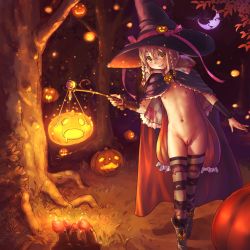  1girl blonde_hair blush boots braid breasts cape cleft_of_venus costume crescent_moon dark detached_sleeves flat_chest forest glowing grass halloween hat highres holding holding_lantern holding_wand jack-o&#039;-lantern lantern loli looking_down moon mushroom naked_cape nature night nipples nude original outdoors phallic_symbol pumpkin pussy small_breasts smile standing striped_clothes striped_thighhighs thighhighs third-party_edit tree twin_braids uncensored wand witch witch_hat yamada_(gotyui) yellow_eyes  rating:Explicit score:386 user:loli_zombie