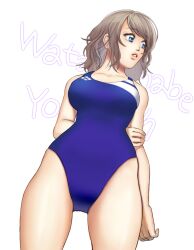  1girl alalee0611 arms_behind_back blue_eyes blush brown_hair competition_swimsuit from_below highleg highres love_live! love_live!_sunshine!! one-piece_swimsuit short_hair simple_background solo swimsuit thighs watanabe_you white_background 