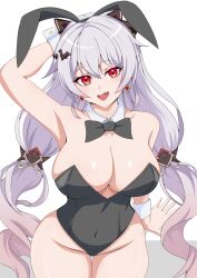 1girl absurdres animal_ears arm_behind_head arm_up armpits bare_legs bare_shoulders black_bow black_bowtie bow bowtie breasts cleavage collar cowboy_shot detached_collar earrings eyebrows fake_animal_ears fang groin hair_bow hair_ornament highleg highleg_leotard highres honkai_(series) honkai_impact_3rd jewelry large_breasts leotard light_blush long_hair looking_at_viewer nobu_teio open_mouth playboy_bunny presenting_armpit rabbit_ears red_eyes simple_background sitting solo theresa_apocalypse theresa_apocalypse_(luna_kindred) theresa_apocalypse_(lunar_vow:_crimson_love) thighs very_long_hair white_background white_collar white_hair white_wrist_cuffs wrist_cuffs