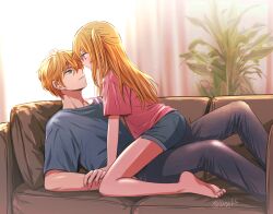  1boy 1girl absurdres asgykk bare_legs barefoot black_pants blonde_hair blue_shirt blush brother_and_sister commentary couch denim denim_shorts eye_contact facing_another hetero highres hoshino_aquamarine hoshino_ruby incest indoors looking_at_another on_couch one_side_up oshi_no_ko pants pink_shirt shirt shorts siblings sitting sitting_on_person star-shaped_pupils star_(symbol) symbol-shaped_pupils twincest twins twitter_username 