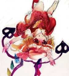  1girl :q airmix bad_id bad_pixiv_id blonde_hair embodiment_of_scarlet_devil female_focus flandre_scarlet gradient_background hat hat_ribbon jumping laevatein red_eyes ribbon sketch solo tongue tongue_out touhou upside-down white_background wings 