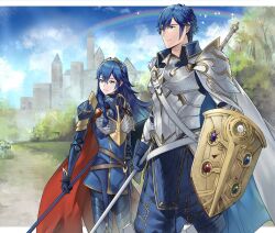  1boy 1girl ameno_(a_meno0) armor blue_cape blue_eyes blue_gloves blue_hair brand_of_the_exalt breastplate cape castle chrom_(fire_emblem) closed_mouth father_and_daughter fire_emblem fire_emblem_awakening fire_emblem_heroes gloves hair_between_eyes highres holding holding_polearm holding_shield holding_weapon lance long_hair long_sleeves lucina_(brave_princess)_(fire_emblem) lucina_(fire_emblem) nintendo official_alternate_costume outdoors polearm rainbow red_cape shield short_hair shoulder_armor smile symbol_in_eye tiara two-tone_cape weapon white_cape 