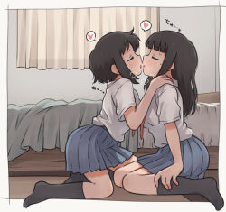  2girls bed bedroom bernard-jou_iwaku. black_hair black_socks blue_skirt blunt_bangs blush breasts closed_eyes commentary_request curtains day face-to-face french_kiss from_side full_body hand_on_another&#039;s_shoulder heart heavy_breathing indoors kanbayashi_shiori kiss kneehighs kneeling large_breasts long_hair machida_sawako meis_(terameisu) multiple_girls no_shoes pleated_skirt profile school_uniform shirt short_hair short_sleeves sidelocks sitting skirt socks spoken_heart tongue tongue_out white_shirt window yuri 