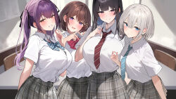  4girls :d absurdres arm_behind_back black_hair black_ribbon blue_bow blue_bowtie blue_eyes blue_necktie blush bow bowtie breasts brown_eyes brown_hair closed_mouth collared_shirt grey_hair grey_skirt hair_ornament hair_ribbon hairclip hands_up heart heart_hands highres indoors large_breasts looking_at_viewer multiple_girls necktie non-web_source open_mouth original parted_lips plaid plaid_skirt purple_eyes purple_hair red_bow red_bowtie red_necktie ribbon shirt shirt_tucked_in short_sleeves skirt smile teeth twintails white_shirt yuyu_(yuyuworks) 