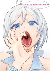 .live 1girl bare_shoulders blue_eyes colored_eyelashes dokiyuri eyelashes fellatio_gesture highres imminent_fellatio looking_at_viewer open_mouth oral_invitation portrait saliva sexually_suggestive short_hair simple_background dennou_shoujo_siro solo speech_bubble tongue tongue_out uvula virtual_youtuber white_background white_hair rating:Questionable score:148 user:danbooru