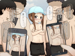 1girl 6+boys age_difference artist_request beach black_eyes blue_sky blush brown_hair cellphone covering covering_breasts day embarrassed flat_chest hat karakai_jouzu_no_takagi-san loli looking_at_viewer male_swimwear male_swimwear_challenge medium_hair multiple_boys open_mouth phone recording sky standing swimwear takagi-san topless translation_request