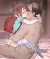  1boy 1girl age_difference backpack bag bed_sheet blush bracelet brown_hair closed_eyes clothed_female_nude_male condom fat fat_man feet french_kiss from_side full_body girl_on_top glasses hair_ornament hair_scrunchie heart hetero highres hug idolmaster idolmaster_cinderella_girls implied_sex jewelry kiss leg_lock lifted_by_self loli long_hair mifune_miyu motion_lines naughty_face neku_oneneko no_shoes nude panties panties_around_leg polka_dot polka_dot_panties profile randoseru saliva scrunchie sex short_sleeves sitting sitting_on_lap sitting_on_person skirt straddling striped_clothes striped_thighhighs sweat tears thighhighs trembling twintails ugly_man underwear upright_straddle  rating:Explicit score:1486 user:DoctorWasabi