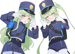  2girls :q armband backpack bag belt blue_archive blush buttons double-breasted earrings flat_chest gloves green_hair hat highres hikari_(blue_archive) jewelry looking_at_viewer multiple_girls nozomi_(blue_archive) open_mouth pantyhose pleated_skirt pointy_ears ranyu shorts siblings simple_background sisters skirt smile tongue tongue_out twintails white_background white_gloves white_pantyhose yellow_eyes 