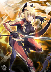  1girl abstract_background alternate_breast_size black_background black_bodysuit blonde_hair bodysuit breasts cha_hae-in cleavage closed_mouth commentary_request foot_out_of_frame glaring glint hands_up headpiece high_heels highres holding holding_sword holding_weapon knee_pads large_breasts leaning_to_the_side looking_at_viewer multicolored_bodysuit multicolored_clothes ponytail purple_eyes red_bodysuit short_hair short_ponytail signature skin_tight solo solo_leveling standing standing_on_one_leg sword weapon yellow_background yellow_bodysuit zaregoto_tsukai_no_deshi 