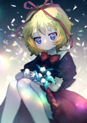  1girl absurdres blonde_hair blue_eyes bow flower getsurai hair_bow hair_ribbon highres legs lily_of_the_valley looking_at_viewer medicine_melancholy open_mouth puffy_sleeves red_skirt ribbon shirt short_hair short_sleeves skirt smile solo touhou  rating:General score:1 user:danbooru
