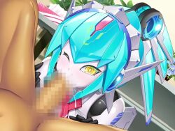  1boy 1girl :&gt; :&gt;= android aqua_hair armor arnetes asahi breasts censored colored_skin cum cum_in_mouth cum_overflow detached_collar erection fellatio game_cg hetero high_ponytail huge_breasts impossible_clothes interspecies joints lilith-soft long_hair looking_at_another mecha_musume mechanical_arms mechanical_hair no_humans nude one_eye_closed oral penis ponytail robot_girl robot_joints saliva smile taimanin_(series) taimanin_rpgx white_skin wide_hips yellow_eyes 