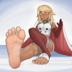  1girl bandaged_arm bandaged_leg bandages barefoot blonde_hair blush breasts buttons cape closed_mouth commentary cropped_shirt dark-skinned_female dark_skin double-breasted english_commentary feet foot_focus greek_toe grey_background guilty_gear guilty_gear_strive hair_between_eyes hand_up highres knee_up legs long_hair looking_at_viewer medium_breasts nail_polish no_shoes on_ground ramlethal_valentine short_shorts shorts sidelocks sitting soles solo spread_toes starpermafrost swept_bangs thigh_strap thighs toeless_legwear toenail_polish toenails toes white_cape white_shorts yellow_eyes  rating:Sensitive score:33 user:danbooru