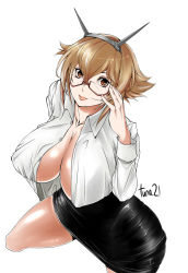 10s 1girl artist_name bad_id bad_pixiv_id breasts brown_eyes glasses highres huge_breasts kantai_collection lips mutsu_(kancolle) open_clothes open_shirt shirt short_hair simple_background skirt solo thighs tuna21 white_background rating:Questionable score:27 user:danbooru