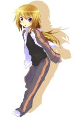 10s 1girl androgynous black_shirt charlotte_dunois infinite_stratos jacket long_hair looking_at_viewer low-tied_long_hair no_shoes open_clothes open_jacket pants purple_eyes sachou shirt simple_background socks solo track_jacket track_pants white_background white_socks 