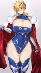  1girl armored_gloves artoria_pendragon_(fate) artoria_pendragon_(lancer)_(fate) blonde_hair blue_leotard blue_thighhighs blush breasts cleavage closed_mouth covered_navel fate/grand_order fate_(series) gluteal_fold green_eyes grey_background hair_between_eyes highleg highleg_leotard highres huge_breasts kumakichi_(cost-lost) leotard looking_at_viewer medium_hair simple_background smile solo thigh_gap thighhighs thighs 