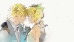 10s 1boy 1girl black_neckwear blonde_hair blue_eyes brother_and_sister edna_(tales) eizen_(tales) gloves hand_on_another&#039;s_head hetero mooche ribbon short_hair siblings simple_background smile tales_of_(series) tales_of_berseria tales_of_zestiria white_background rating:Sensitive score:1 user:danbooru