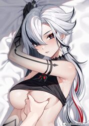  1girl 1other arlecchino_(genshin_impact) bare_shoulders black_eyes black_hair breasts clothes_lift crop_top fur_trim genshin_impact grabbing grabbing_another&#039;s_breast grey_hair hair_between_eyes helloimtea large_breasts long_hair looking_at_viewer multicolored_hair on_bed red_pupils solo_focus streaked_hair symbol-shaped_pupils underboob upper_body white_hair x-shaped_pupils  rating:Questionable score:19 user:danbooru