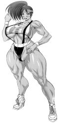  1girl amazon_warrior armband black_widow_(muscle_bomber) blush breasts capcom chinbotsu curvy extreme_muscles fat_mons female_focus full_body hand_on_own_hip headband high_heels highres large_breasts looking_at_viewer monochrome muscle_bomber muscular no_bra partially_visible_vulva revealing_clothes shoes simple_background slam_masters slingshot_swimsuit sneakers solo swimsuit thick_thighs thighs toned underboob white_background wide_hips wrestler  rating:Explicit score:150 user:joaquimol