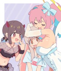  3girls :d @_@ angel_and_devil bare_shoulders blue_hair blunt_bangs blush_stickers breast_smother breasts brown_eyes brown_hair buckle closed_eyes commentary elbow_gloves face_to_breasts genderswap genderswap_(mtf) gloves grey_hair gustavo_schuler halo hand_to_own_mouth heart heart-shaped_buckle highres hozuki_kaede hozuki_momiji hug large_breasts laughing long_hair midriff multicolored_hair multiple_girls navel off_shoulder official_alternate_costume onii-chan_wa_oshimai! open_clothes open_mouth orange_eyes oversized_clothes oversized_shirt oyama_mahiro pink_hair ponytail shirt short_hair short_ponytail short_sleeves siblings simple_background sisters smile two-tone_hair wavy_mouth white_gloves white_shirt 