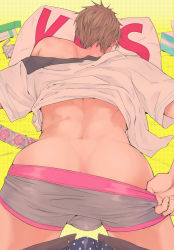  10s 2boys ass ass_focus back bad_id bad_pixiv_id brown_hair bulge condom face_in_pillow free! from_behind male_focus male_underwear male_underwear_pull multiple_boys nanase_haruka_(free!) open_pants out_of_frame pants pillow pov short_hair tachibana_makoto underwear yaoi yes yes-no_pillow  rating:Questionable score:45 user:danbooru