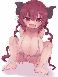 1girl bikini blush breasts cleavage collarbone cool-kyou_shinja crotch dragon_girl dragon_horns feet hair_between_eyes horns huge_breasts ilulu_(maidragon) kobayashi-san_chi_no_maidragon legs looking_at_viewer open_mouth pointy_ears red_eyes red_hair shortstack simple_background sitting solo swimsuit teeth thighs tongue twintails white_background white_bikini rating:Sensitive score:240 user:PuttHutt