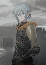  1boy armor black_gloves blue_eyes breath chainmail chihuri closed_mouth cloud cloudy_sky door ear_piercing elbow_gloves final_fantasy final_fantasy_xiv gloves grey_hair hair_between_eyes haurchefant_greystone highres looking_at_viewer male_focus outdoors pauldrons piercing pointy_ears shoulder_armor sky smile snow snowing solo upper_body 