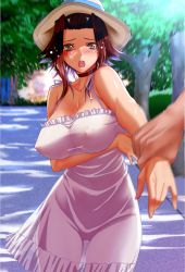  00s 1girl arm_grab blush breasts brown_eyes choker dress hat highres izayoi_aki large_breasts looking_at_viewer nipples open_mouth pov pussy red_hair see-through_silhouette short_hair_with_long_locks sundress switch01 yu-gi-oh! yu-gi-oh!_5d&#039;s  rating:Explicit score:51 user:Johnny007