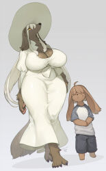  1boy 1girl age_difference ahoge animal_ears animal_nose barefoot body_fur breasts brown_hair claws cleavage dated dog_ears dress floppy_ears furrification furry furry_female furry_male gradient_background grey_background hair_over_eyes hasshaku-sama hat hetero highres huge_breasts juliet_sleeves kishibe long_hair long_sleeves onee-shota original own_hands_together parted_lips puffy_sleeves rabbit_boy rabbit_ears shirt shorts standing tall_female white_dress white_hair white_hat yellow_eyes 