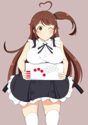  1girl absurdres ahoge arcade_stick assault_lily bare_arms black_scrunchie black_skirt blush breast_rest breasts brown_background brown_eyes brown_hair buttons carried_breast_rest carrying collared_shirt commentary_request controller covered_erect_nipples cowboy_shot frilled_shirt frilled_skirt frills game_controller grin hair_ornament hair_scrunchie hands_up heart heart_ahoge high-waist_skirt highres holding holding_controller holding_game_controller joystick large_breasts long_hair looking_at_viewer miniskirt neck_ribbon one_eye_closed one_side_up parted_lips ribbon school_uniform scrunchie senri_(senri03151221) shirt simple_background skirt sleeveless sleeveless_shirt smile solo standing suspender_skirt suspenders takasuga_tsukushi thighhighs very_long_hair white_shirt white_thighhighs yurigaoka_girls_academy_school_uniform 