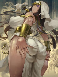  1girl ass ass_focus ass_grab bare_shoulders blush breasts brown_hair dark_skin deep_skin egyptian egyptian_clothes from_behind huge_ass ishizu_ishtar kazo_(kazozakazo) large_breasts long_hair looking_at_viewer open_mouth purple_eyes side_slit sideboob solo thick_thighs thighs very_long_hair yu-gi-oh! yu-gi-oh!_duel_monsters  rating:Questionable score:92 user:armorcrystal