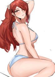  1girl absurdres ass bikini blush breasts hand_on_head highres huge_ass kirijou_mitsuru large_breasts lip_biting long_hair looking_at_viewer nero_watch persona persona_3 red_hair simple_background solo swimsuit white_background  rating:Explicit score:65 user:mitsurulover