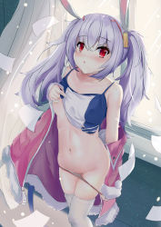1girl :o absurdres animal_ears azur_lane bandaid bandaids_on_nipples bare_shoulders blush breasts chinese_commentary clothes_lift collarbone commentary_request crossed_bangs curtains dutch_angle fake_animal_ears from_above hair_between_eyes highres indoors jacket laffey_(azur_lane) lifted_by_self light_purple_hair long_hair looking_at_viewer navel no_pants off_shoulder panties panty_pull pasties pink_jacket pulled_by_self rabbit_ears red_eyes revision semisweet shirt_lift sidelocks small_breasts solo spaghetti_strap standing stomach thighhighs twintails underboob underwear undressing very_long_hair white_thighhighs window rating:Questionable score:91 user:danbooru