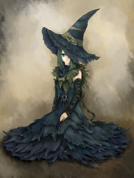  1girl aqua_eyes black_hair blue_eyes demon&#039;s_souls detached_sleeves dress female_focus from_software grey_hair hat hat_over_one_eye highres ise_(0425) ise_(pixiv2136520) long_hair one_eye_covered short_hair sitting solo witch witch_hat yuria_the_witch 