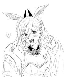  1girl animal_ears bare_shoulders bow bowtie breasts chainsaw_man cleavage cross-shaped_pupils detached_collar fingernails frilled_hairband frills greyscale hair_between_eyes hairband hatching_(texture) heart highres horns horse_ears iing_naoe jacket long_fingernails long_hair medium_breasts monochrome power_(chainsaw_man) sharp_fingernails sharp_teeth solo symbol-shaped_pupils teeth traditional_bowtie underwear 