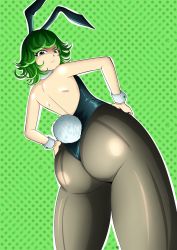 1girl animal_ears artist_request ass ass_focus back backless_outfit bare_shoulders breasts curly_hair detached_collar fake_animal_ears fake_tail female_focus green_background green_eyes green_hair hairband hands_on_own_hips highleg highleg_leotard highres huge_ass kmkz-art leotard looking_at_viewer looking_back matching_hair/eyes one-punch_man pantyhose playboy_bunny rabbit_ears rabbit_tail shiny_skin short_hair simple_background small_breasts smile solo tail tatsumaki thick_thighs thighs upper_body wrist_cuffs rating:Questionable score:65 user:JustHere4Butts