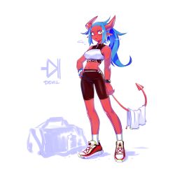  1girl absurdres bag bike_shorts blue_hair blue_nails blue_wristband bottle breasts breath commentary deel_(rkeg) demon demon_girl demon_horns demon_tail duffel_bag ear_piercing english_commentary english_text full_body hand_on_own_hip highres horns long_hair looking_at_viewer medium_breasts open_mouth original piercing red_footwear red_horns shoes sidelocks simple_background sneakers socks solo sports_bra standing sweat tail towel watch water_bottle white_background white_socks wristband wristwatch yellow_eyes 