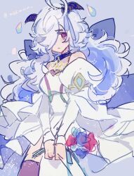  1girl bare_shoulders closed_mouth dress eitr_(fire_emblem) fire_emblem fire_emblem_heroes flower goat_horns grey_hair hair_over_one_eye highres holding holding_flower horns long_hair long_sleeves looking_at_viewer mbkmmm nintendo purple_background red_eyes rose single_tear solo white_dress 