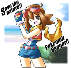 1girl ;d belt blue_gloves blue_shorts brown_hair creatures_(company) cropped_legs fingerless_gloves game_freak gloves goggles goggles_on_head grey_eyes hair_between_eyes hand_on_own_hip medium_hair nintendo one_eye_closed open_clothes open_mouth open_vest pokemon pokemon_ranger pokemon_ranger_3 rascal_(feuille) red_belt red_vest scarf shorts smile solo summer_(pokemon) vest yellow_scarf