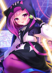  1girl :d animal_hood black_gloves black_skirt blush candy commentary_request english_text feet_out_of_frame fingerless_gloves food gloves hand_up highres holding holding_candy holding_food holding_lollipop hood hood_up hoodie keyboard_(computer) lollipop long_sleeves looking_at_viewer monitor ootori_emu open_mouth pantyhose pink_hair project_sekai puffy_long_sleeves puffy_sleeves purple_eyes purple_pantyhose skirt smile solo v-shaped_eyebrows white_hoodie yomogi_(becr) 